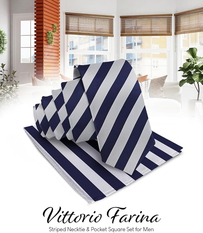 Striped Necktie & Pocket Square by Vittorio Farina (NH - STRIPEE_04_NAVY - BLUE_GRAY) for Independent Retail Stores by Dubal Brothers
