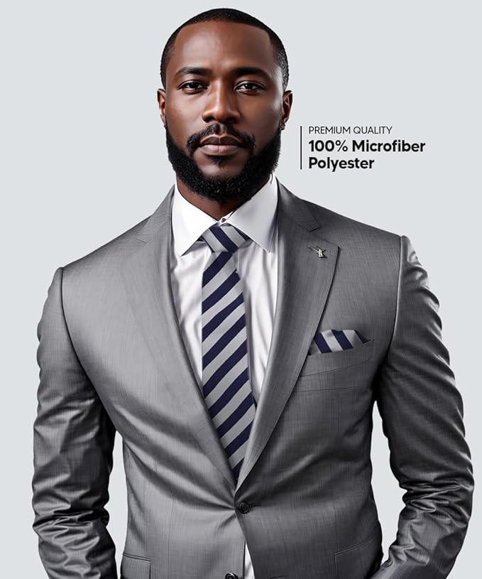 Striped Necktie & Pocket Square by Vittorio Farina (NH - STRIPEE_04_NAVY - BLUE_GRAY) for Independent Retail Stores by Dubal Brothers