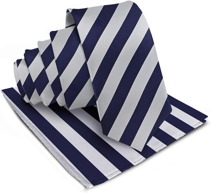 Striped Necktie & Pocket Square by Vittorio Farina (NH - STRIPEE_04_NAVY - BLUE_GRAY) for Independent Retail Stores by Dubal Brothers