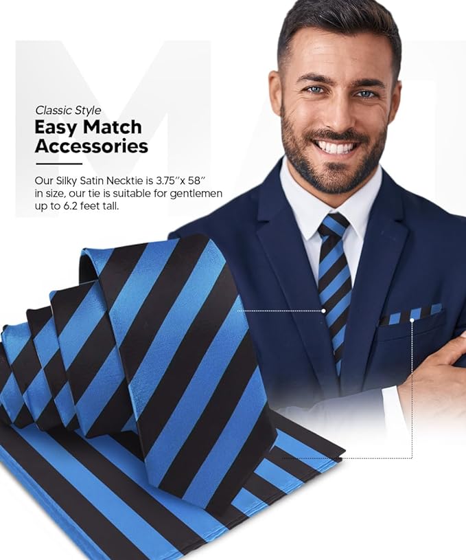 Striped Necktie & Pocket Square by Vittorio Farina (NH - STRIPEE_05_ROYAL_BLACK) for Independent Retail Stores by Dubal Brothers