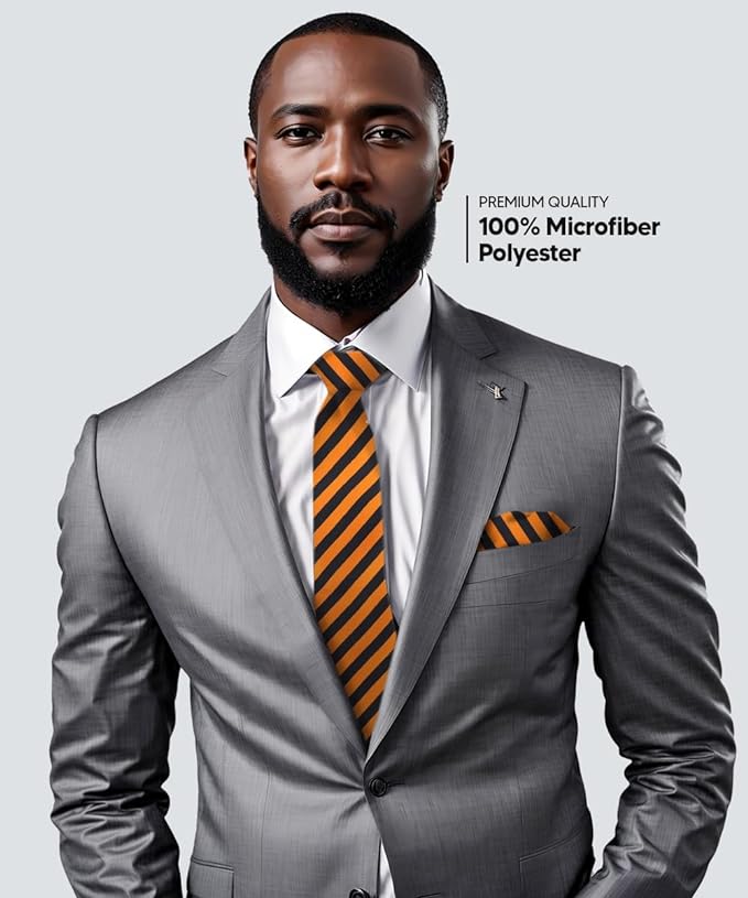 Striped Necktie & Pocket Square by Vittorio Farina (NH - STRIPEE_07_ORANGE_BLACK) for Independent Retail Stores by Dubal Brothers