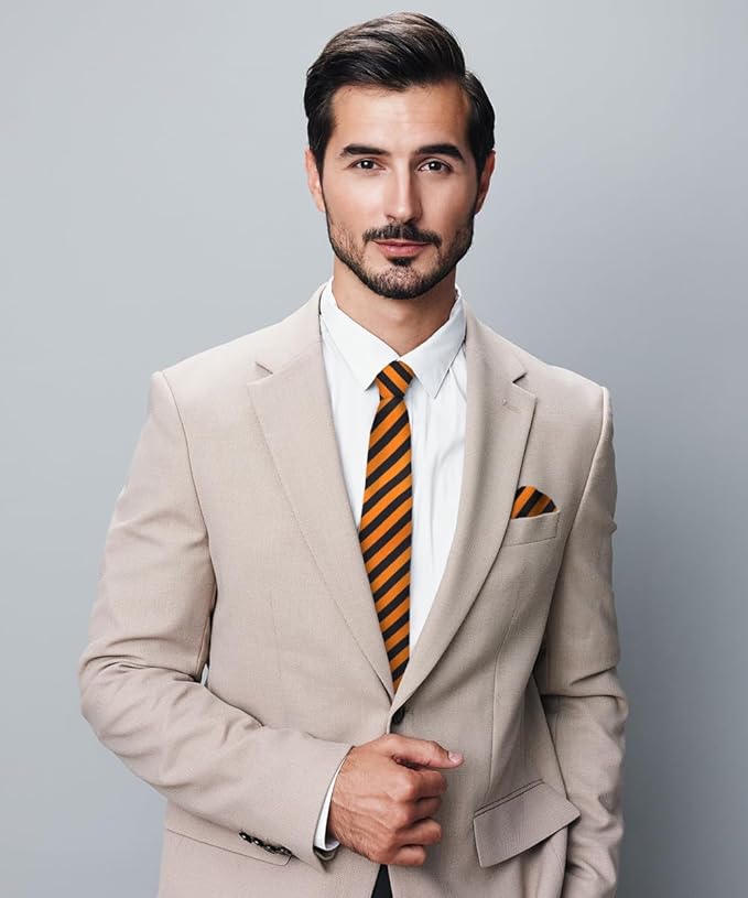 Striped Necktie & Pocket Square by Vittorio Farina (NH - STRIPEE_07_ORANGE_BLACK) for Independent Retail Stores by Dubal Brothers