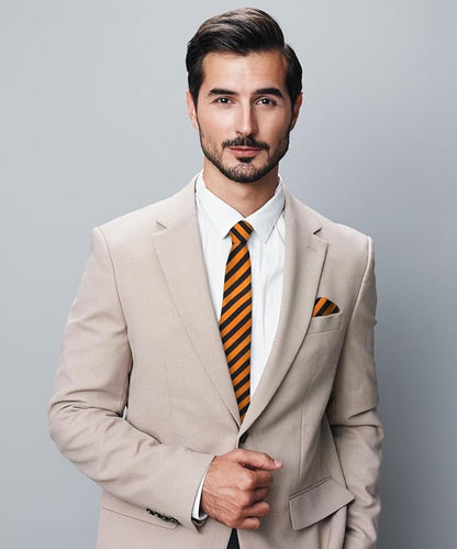 Striped Necktie & Pocket Square by Vittorio Farina (NH - STRIPEE_07_ORANGE_BLACK) for Independent Retail Stores by Dubal Brothers