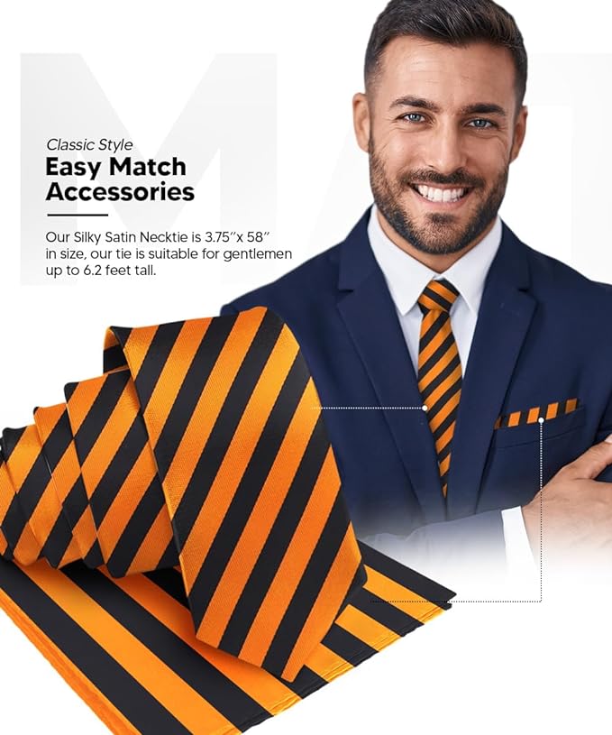 Striped Necktie & Pocket Square by Vittorio Farina (NH - STRIPEE_07_ORANGE_BLACK) for Independent Retail Stores by Dubal Brothers