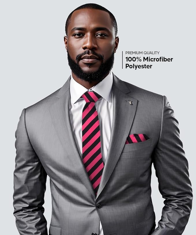 Striped Necktie & Pocket Square by Vittorio Farina (NH - STRIPEE_08_HOT - PINK_BLACK) for Independent Retail Stores by Dubal Brothers