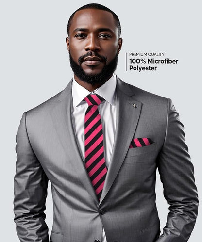 Striped Necktie & Pocket Square by Vittorio Farina (NH - STRIPEE_08_HOT - PINK_BLACK) for Independent Retail Stores by Dubal Brothers