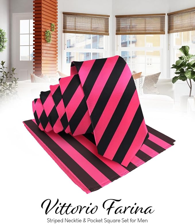 Striped Necktie & Pocket Square by Vittorio Farina (NH - STRIPEE_08_HOT - PINK_BLACK) for Independent Retail Stores by Dubal Brothers