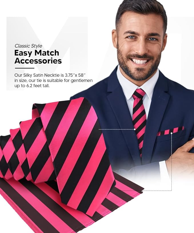 Striped Necktie & Pocket Square by Vittorio Farina (NH - STRIPEE_08_HOT - PINK_BLACK) for Independent Retail Stores by Dubal Brothers