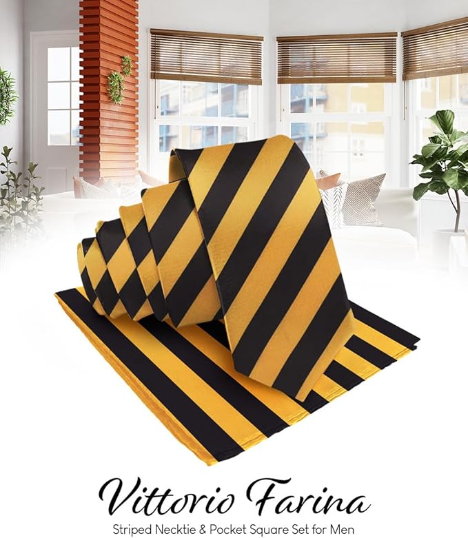 Striped Necktie & Pocket Square by Vittorio Farina (NH - STRIPEE_09_GOLD_BLACK) for Independent Retail Stores by Dubal Brothers