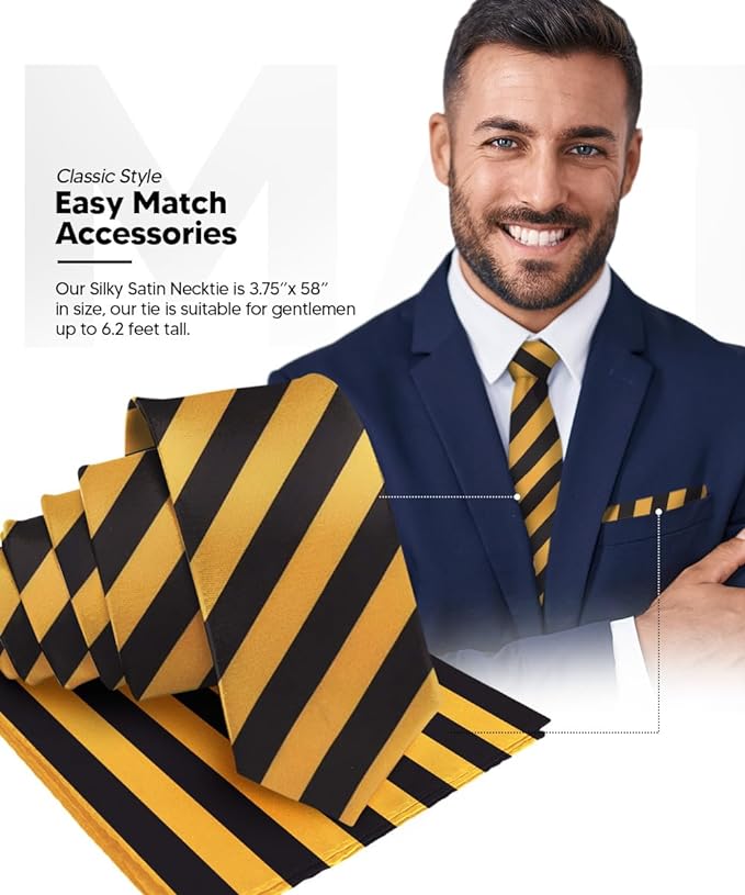 Striped Necktie & Pocket Square by Vittorio Farina (NH - STRIPEE_09_GOLD_BLACK) for Independent Retail Stores by Dubal Brothers