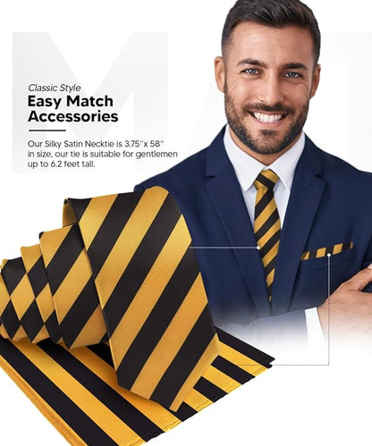 Striped Necktie & Pocket Square by Vittorio Farina (NH - STRIPEE_09_GOLD_BLACK) for Independent Retail Stores by Dubal Brothers