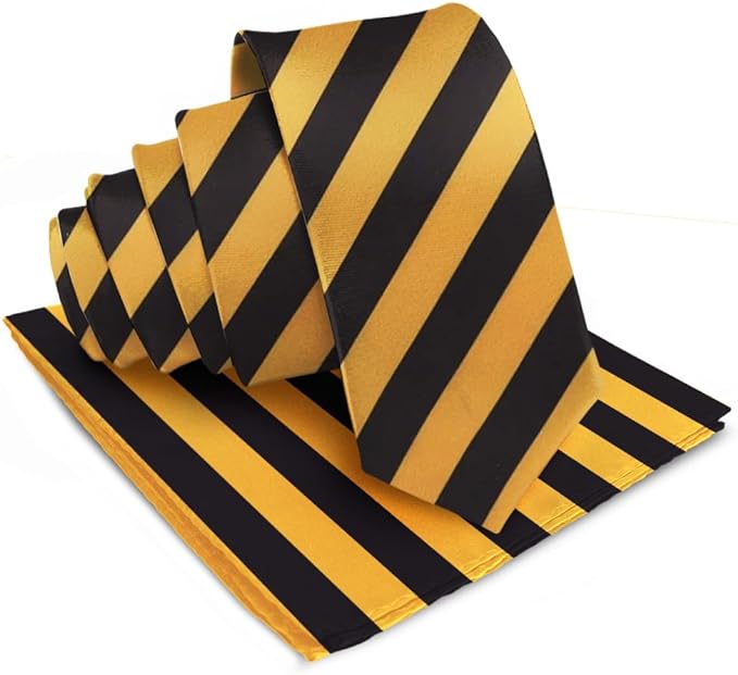 Striped Necktie & Pocket Square by Vittorio Farina (NH - STRIPEE_09_GOLD_BLACK) for Independent Retail Stores by Dubal Brothers