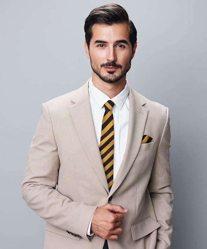 Striped Necktie & Pocket Square by Vittorio Farina (NH - STRIPEE_09_GOLD_BLACK) for Independent Retail Stores by Dubal Brothers