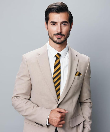 Striped Necktie & Pocket Square by Vittorio Farina (NH - STRIPEE_09_GOLD_BLACK) for Independent Retail Stores by Dubal Brothers