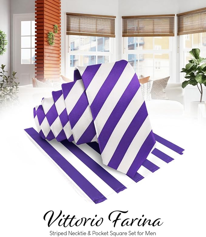 Striped Necktie & Pocket Square by Vittorio Farina (NH - STRIPEE_10_PURPLE_WHITE) for Independent Retail Stores by Dubal Brothers