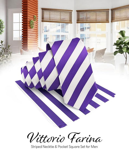 Striped Necktie & Pocket Square by Vittorio Farina (NH - STRIPEE_10_PURPLE_WHITE) for Independent Retail Stores by Dubal Brothers