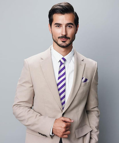 Striped Necktie & Pocket Square by Vittorio Farina (NH - STRIPEE_10_PURPLE_WHITE) for Independent Retail Stores by Dubal Brothers
