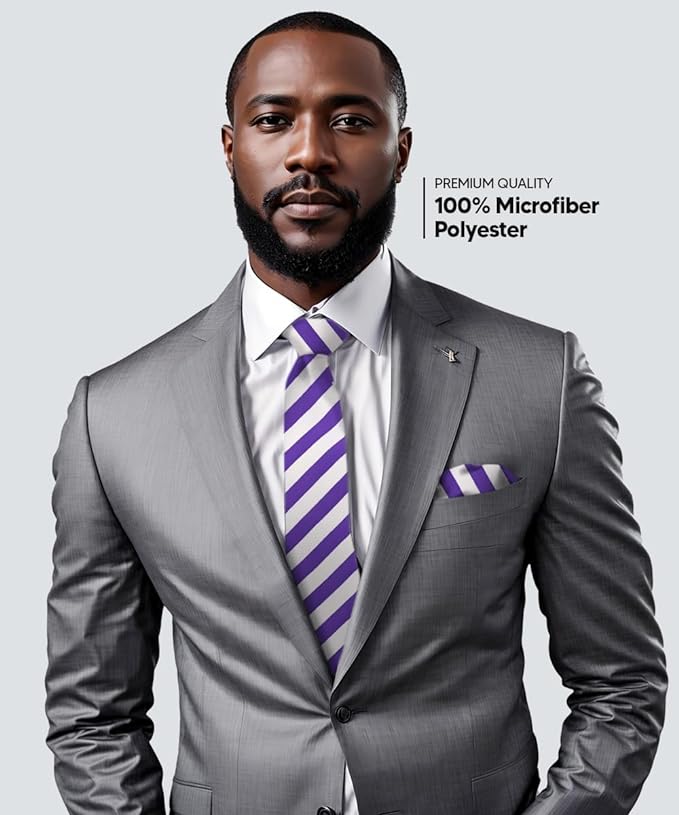Striped Necktie & Pocket Square by Vittorio Farina (NH - STRIPEE_10_PURPLE_WHITE) for Independent Retail Stores by Dubal Brothers