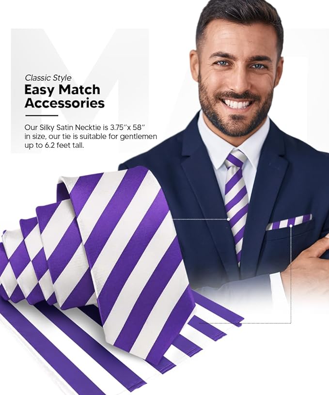 Striped Necktie & Pocket Square by Vittorio Farina (NH - STRIPEE_10_PURPLE_WHITE) for Independent Retail Stores by Dubal Brothers