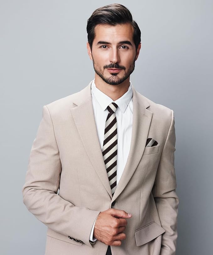 Striped Necktie & Pocket Square by Vittorio Farina (NH - STRIPEE_11_IVORY_BROWN) for Independent Retail Stores by Dubal Brothers