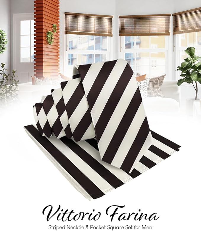 Striped Necktie & Pocket Square by Vittorio Farina (NH - STRIPEE_11_IVORY_BROWN) for Independent Retail Stores by Dubal Brothers