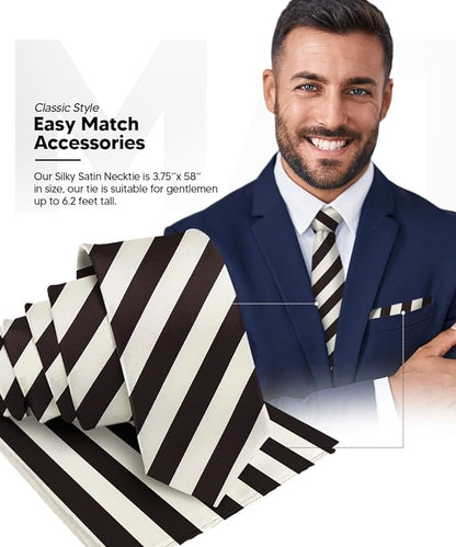 Striped Necktie & Pocket Square by Vittorio Farina (NH - STRIPEE_11_IVORY_BROWN) for Independent Retail Stores by Dubal Brothers