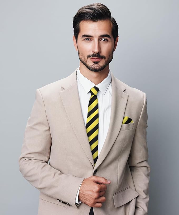 Striped Necktie & Pocket Square by Vittorio Farina (NH - STRIPEE_12_LEMON_BLACK) for Independent Retail Stores by Dubal Brothers