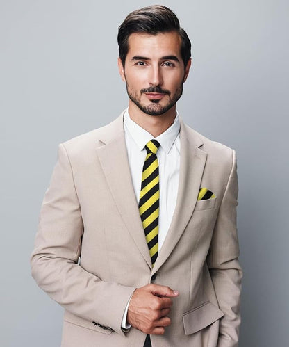 Striped Necktie & Pocket Square by Vittorio Farina (NH - STRIPEE_12_LEMON_BLACK) for Independent Retail Stores by Dubal Brothers