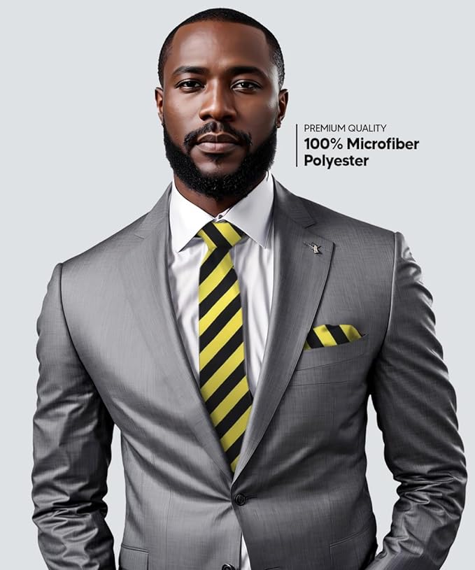 Striped Necktie & Pocket Square by Vittorio Farina (NH - STRIPEE_12_LEMON_BLACK) for Independent Retail Stores by Dubal Brothers