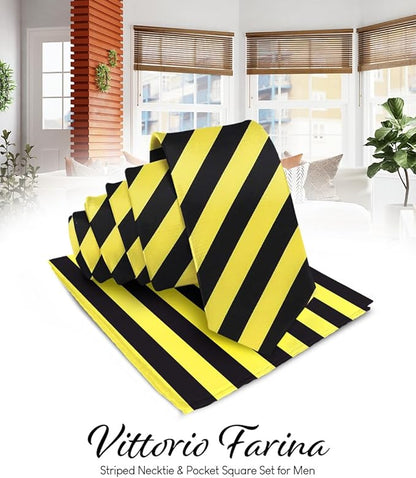 Striped Necktie & Pocket Square by Vittorio Farina (NH - STRIPEE_12_LEMON_BLACK) for Independent Retail Stores by Dubal Brothers