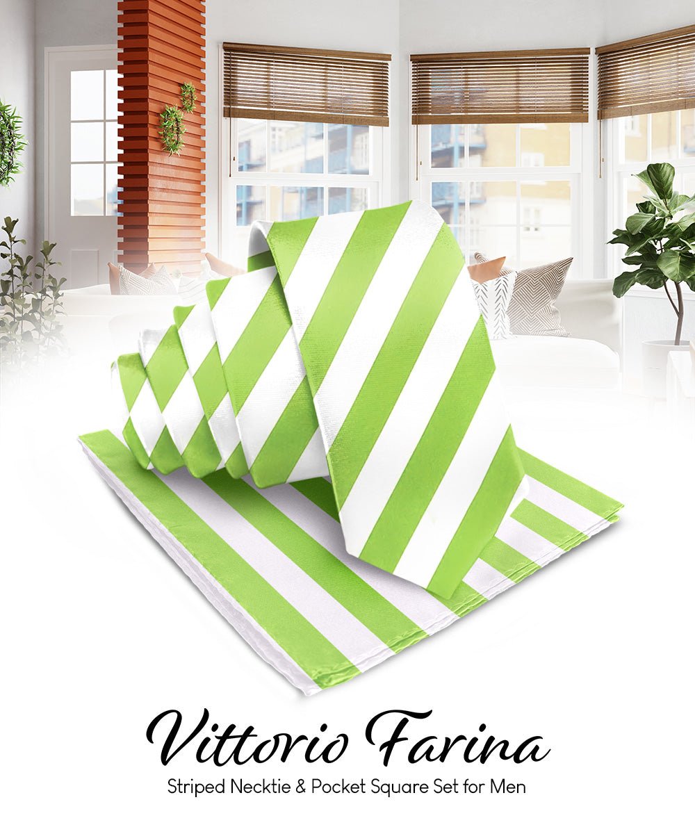Striped Necktie & Pocket Square by Vittorio Farina (NH - STRIPEE_13_LIME_WHITE) for Independent Retail Stores by Dubal Brothers