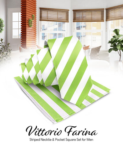 Striped Necktie & Pocket Square by Vittorio Farina (NH - STRIPEE_13_LIME_WHITE) for Independent Retail Stores by Dubal Brothers