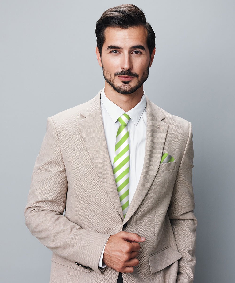 Striped Necktie & Pocket Square by Vittorio Farina (NH - STRIPEE_13_LIME_WHITE) for Independent Retail Stores by Dubal Brothers