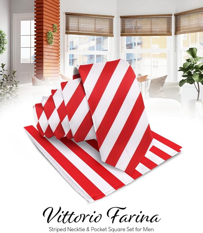 Striped Necktie & Pocket Square by Vittorio Farina (NH - STRIPEE_14_RED_WHITE) for Independent Retail Stores by Dubal Brothers