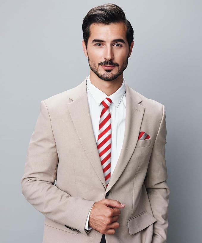 Striped Necktie & Pocket Square by Vittorio Farina (NH - STRIPEE_14_RED_WHITE) for Independent Retail Stores by Dubal Brothers