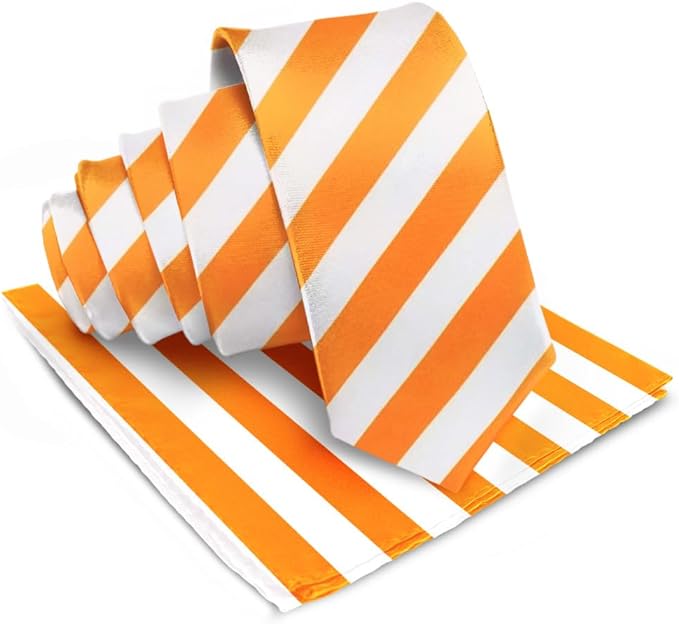 Striped Necktie & Pocket Square by Vittorio Farina (NH - STRIPEE_15_ORANGE_WHITE) for Independent Retail Stores by Dubal Brothers
