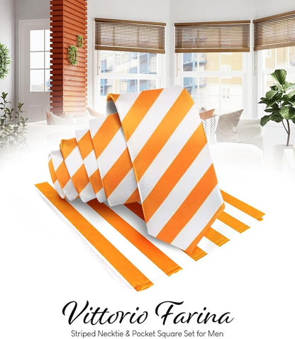 Striped Necktie & Pocket Square by Vittorio Farina (NH - STRIPEE_15_ORANGE_WHITE) for Independent Retail Stores by Dubal Brothers