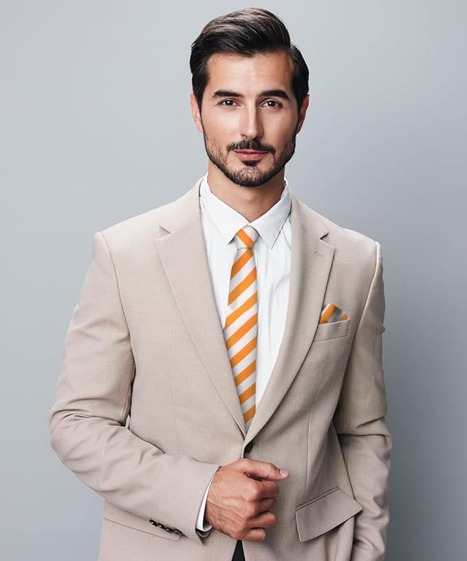 Striped Necktie & Pocket Square by Vittorio Farina (NH - STRIPEE_15_ORANGE_WHITE) for Independent Retail Stores by Dubal Brothers