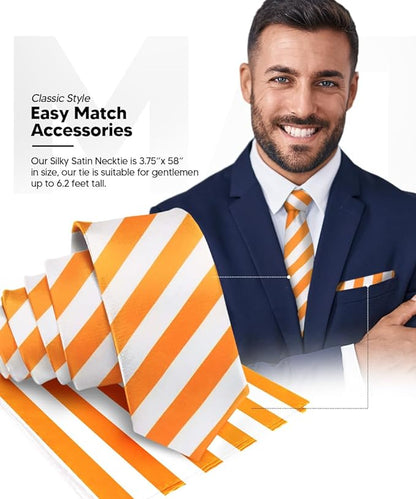 Striped Necktie & Pocket Square by Vittorio Farina (NH - STRIPEE_15_ORANGE_WHITE) for Independent Retail Stores by Dubal Brothers