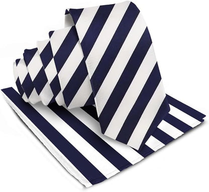 Striped Necktie & Pocket Square by Vittorio Farina (NH - STRIPEE_16_NAVY - BLUE_WHITE) for Independent Retail Stores by Dubal Brothers