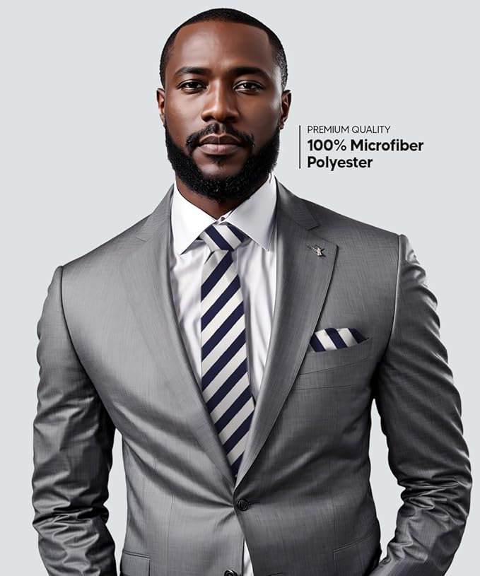 Striped Necktie & Pocket Square by Vittorio Farina (NH - STRIPEE_16_NAVY - BLUE_WHITE) for Independent Retail Stores by Dubal Brothers