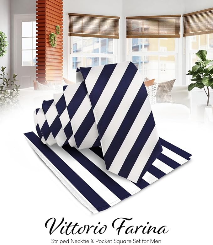 Striped Necktie & Pocket Square by Vittorio Farina (NH - STRIPEE_16_NAVY - BLUE_WHITE) for Independent Retail Stores by Dubal Brothers