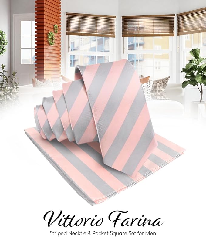 Striped Necktie & Pocket Square by Vittorio Farina (NH - STRIPEE_17_PINK_GRAY) for Independent Retail Stores by Dubal Brothers