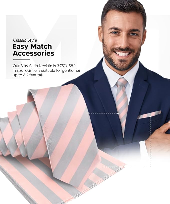 Striped Necktie & Pocket Square by Vittorio Farina (NH - STRIPEE_17_PINK_GRAY) for Independent Retail Stores by Dubal Brothers