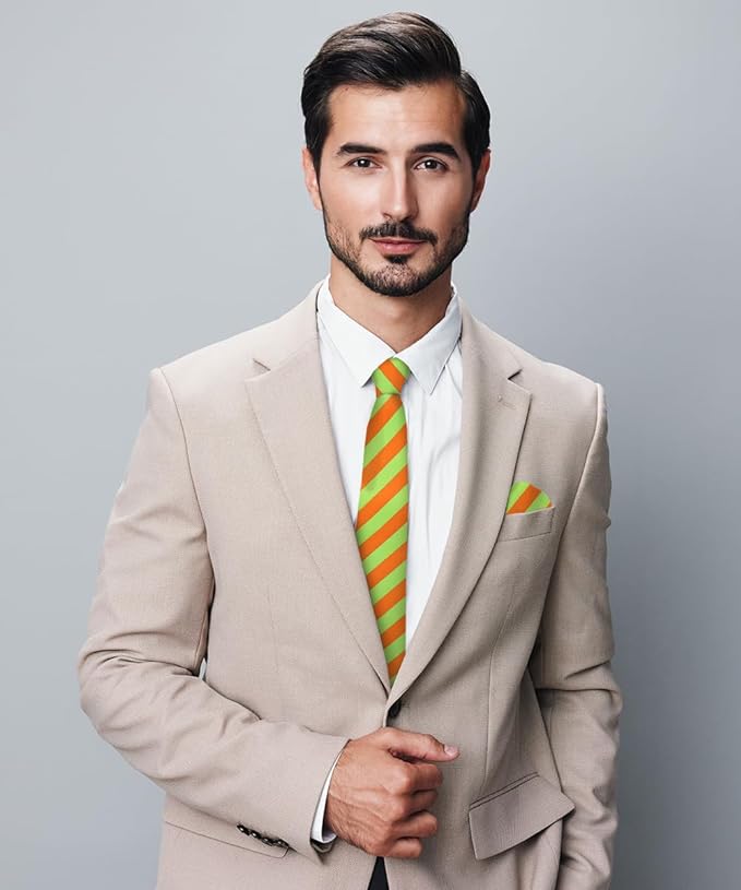 Striped Necktie & Pocket Square by Vittorio Farina (NH - STRIPEE_18_LIME_ORANGE) for Independent Retail Stores by Dubal Brothers