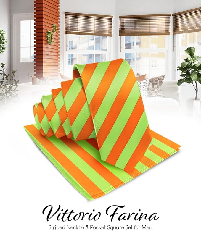 Striped Necktie & Pocket Square by Vittorio Farina (NH - STRIPEE_18_LIME_ORANGE) for Independent Retail Stores by Dubal Brothers