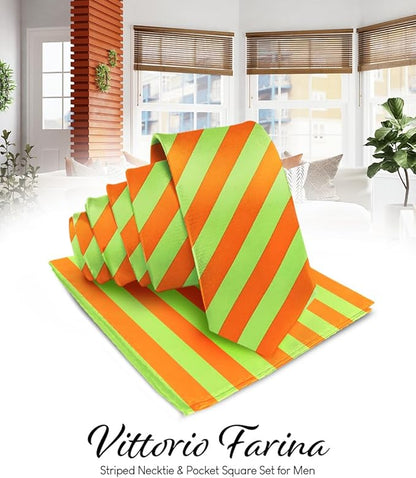 Striped Necktie & Pocket Square by Vittorio Farina (NH - STRIPEE_18_LIME_ORANGE) for Independent Retail Stores by Dubal Brothers