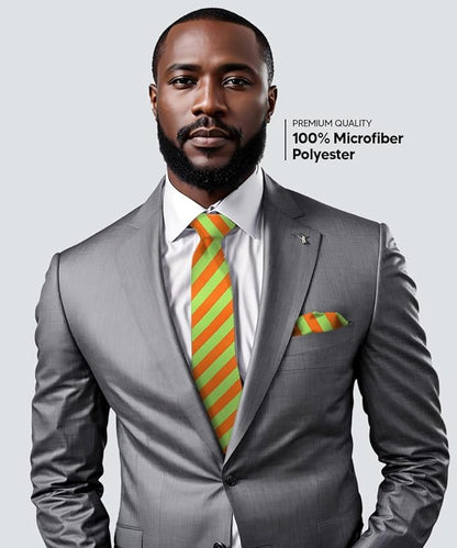 Striped Necktie & Pocket Square by Vittorio Farina (NH - STRIPEE_18_LIME_ORANGE) for Independent Retail Stores by Dubal Brothers