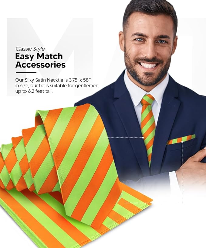 Striped Necktie & Pocket Square by Vittorio Farina (NH - STRIPEE_18_LIME_ORANGE) for Independent Retail Stores by Dubal Brothers