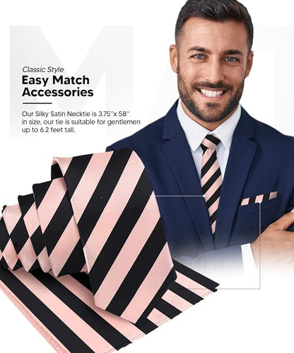 Striped Necktie & Pocket Square by Vittorio Farina (NH - STRIPEE_19_PINK_BLACK) for Independent Retail Stores by Dubal Brothers